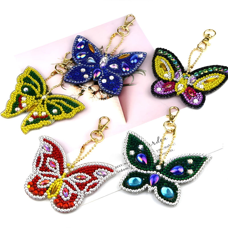 5Pcs de Porte-Clés Acryliques Double Face Beau Papillon Broderie Diamant