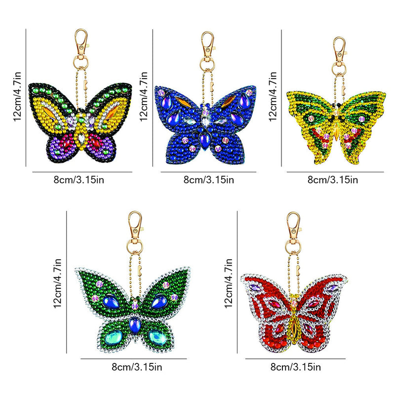 5Pcs de Porte-Clés Acryliques Double Face Beau Papillon Broderie Diamant