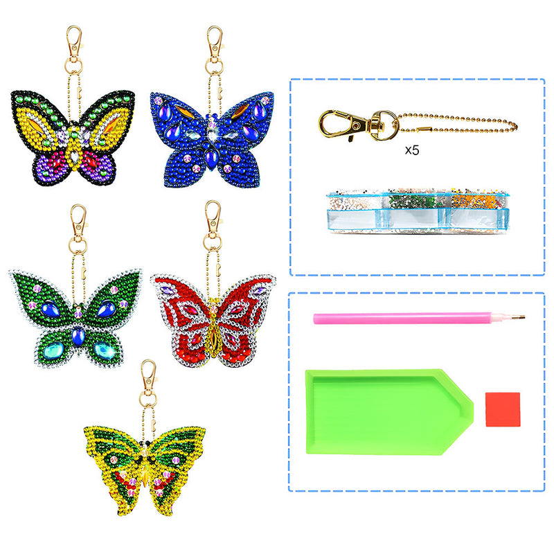 5Pcs de Porte-Clés Acryliques Double Face Beau Papillon Broderie Diamant