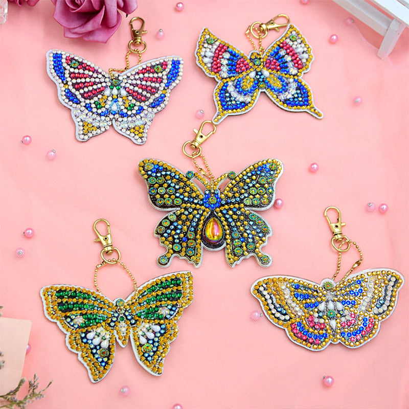 5Pcs de Porte-Clés Acryliques Double Face Papillon Formidable Broderie Diamant