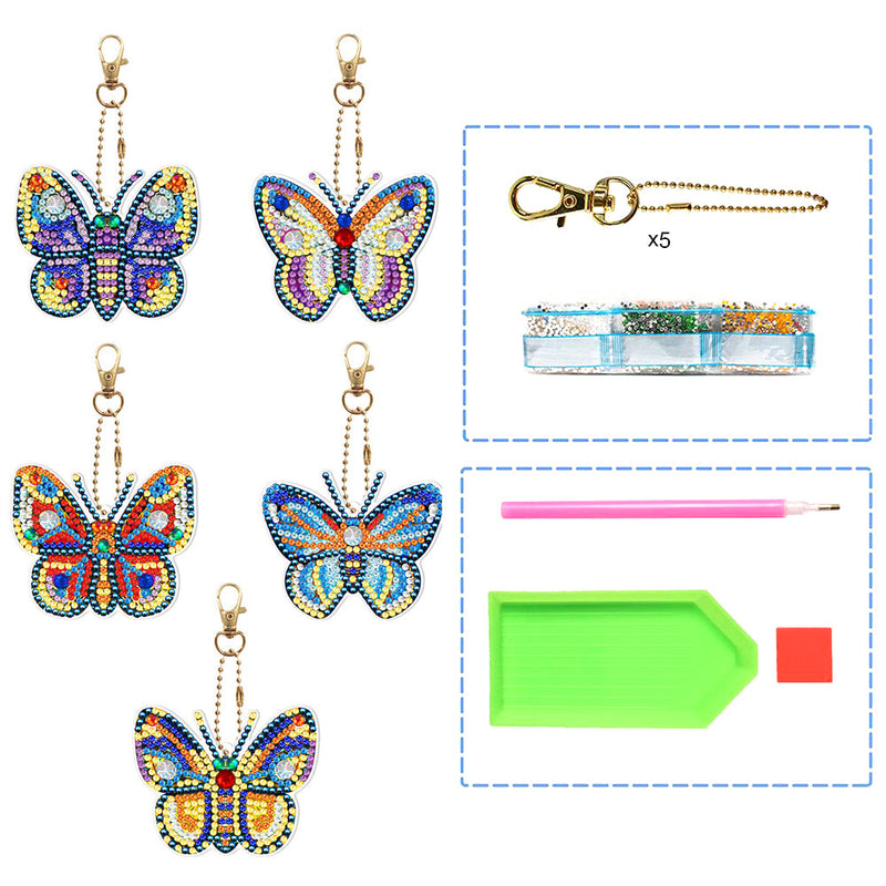 5Pcs de Porte-Clés Acryliques Double Face Papillon Beau et Formidable Broderie Diamant