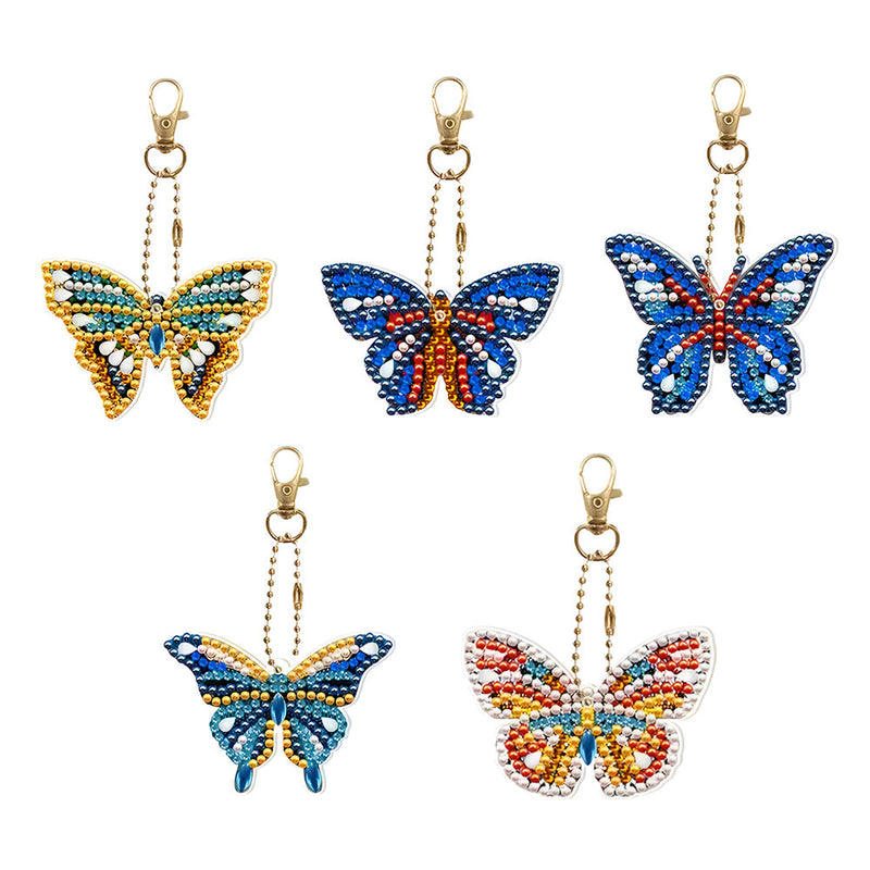 5Pcs de Porte-Clés Acryliques Double Face Papillon Beau et Coloré Broderie Diamant