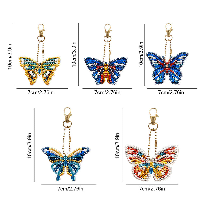 5Pcs de Porte-Clés Acryliques Double Face Papillon Beau et Coloré Broderie Diamant