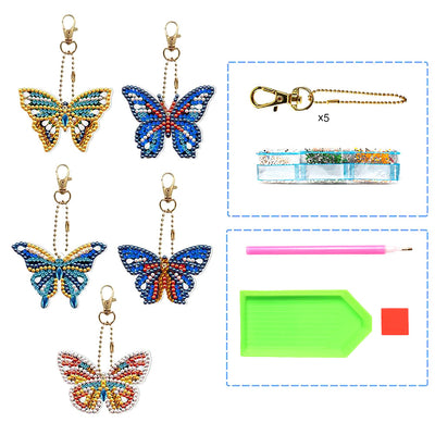 5Pcs de Porte-Clés Acryliques Double Face Papillon Beau et Coloré Broderie Diamant