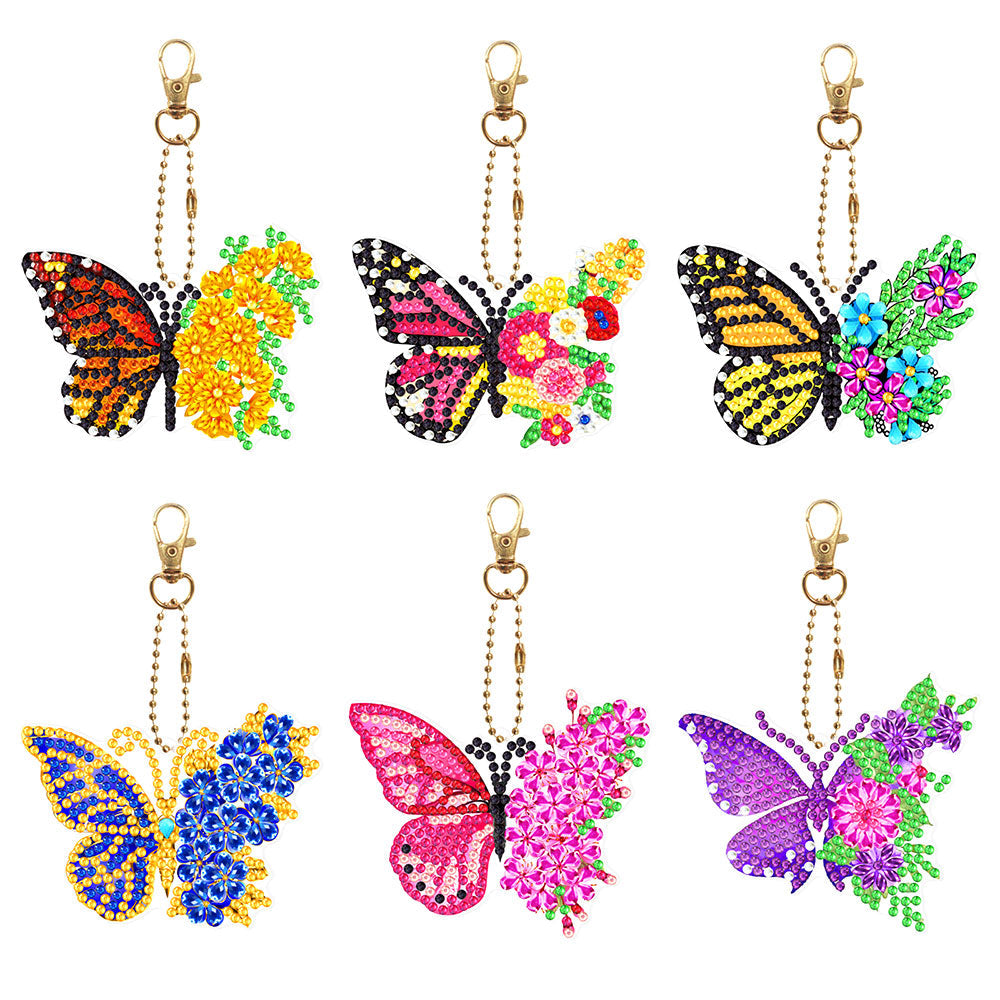 6Pcs de Porte-Clés Acryliques Double Face Papillon à Fleur Broderie Diamant
