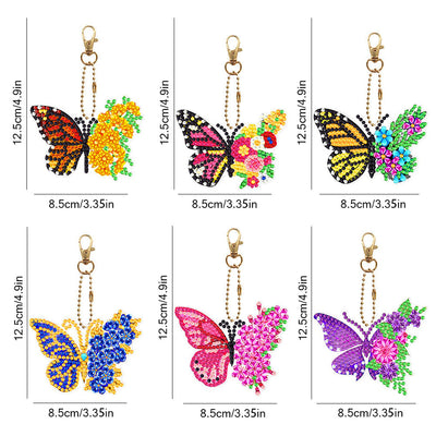 6Pcs de Porte-Clés Acryliques Double Face Papillon à Fleur Broderie Diamant