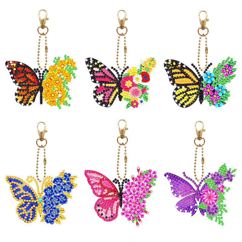 6Pcs de Porte-Clés Acryliques Double Face Papillon à Fleur Broderie Diamant