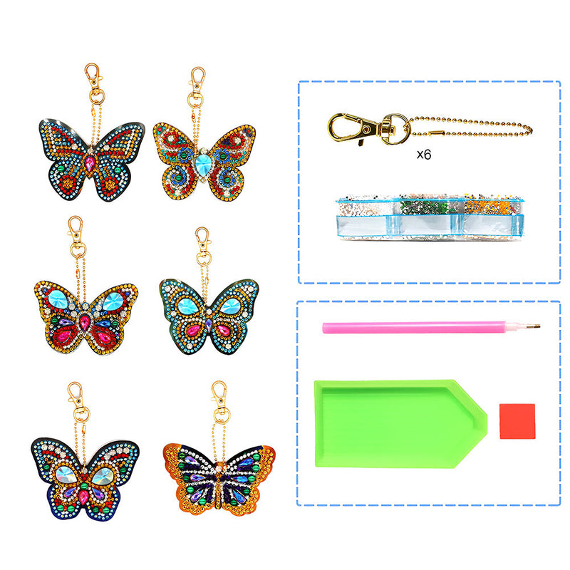 6Pcs de Porte-Clés Acryliques Double Face Papillon Formidable Broderie Diamant