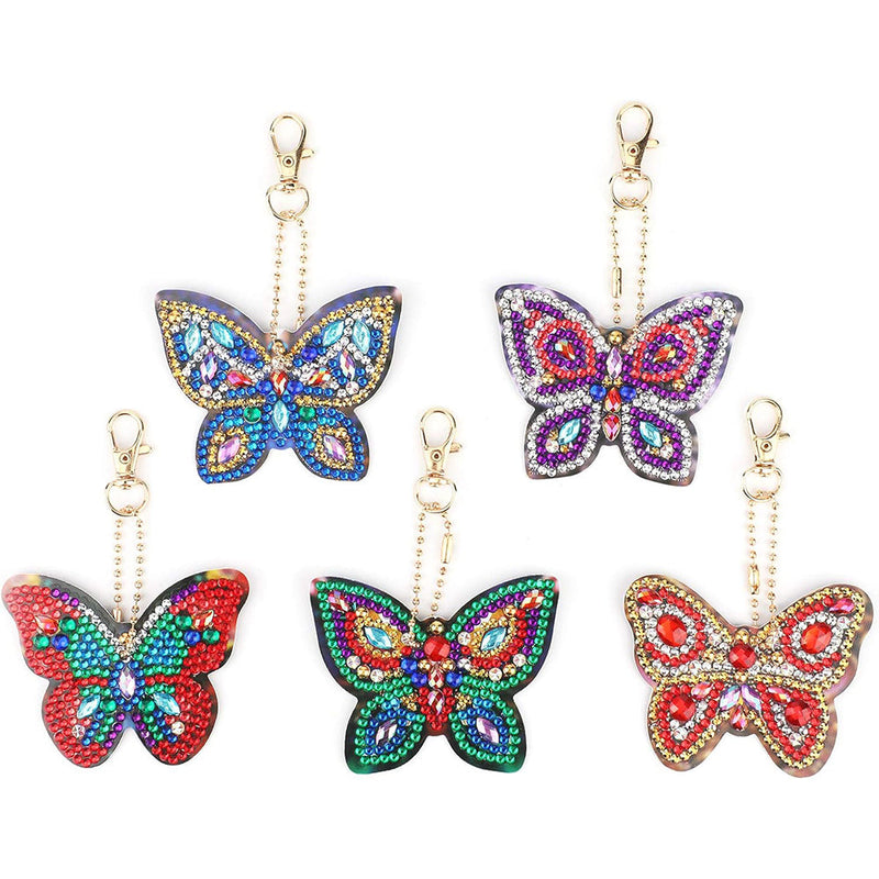 5Pcs de Porte-Clés Acryliques Double Face Papillon Brillant Broderie Diamant