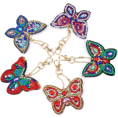 5Pcs de Porte-Clés Acryliques Double Face Papillon Brillant Broderie Diamant