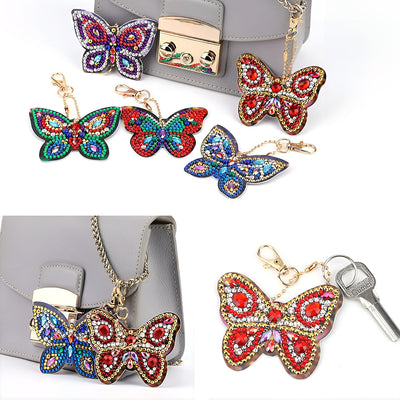 5Pcs de Porte-Clés Acryliques Double Face Papillon Brillant Broderie Diamant