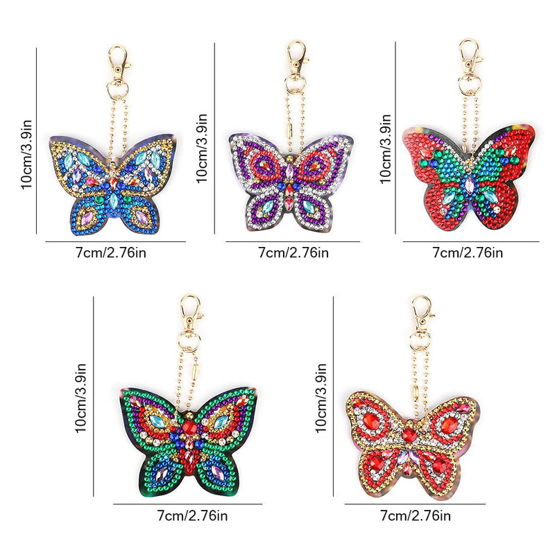 5Pcs de Porte-Clés Acryliques Double Face Papillon Brillant Broderie Diamant