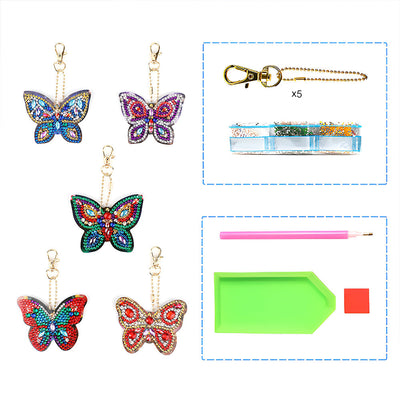 5Pcs de Porte-Clés Acryliques Double Face Papillon Brillant Broderie Diamant