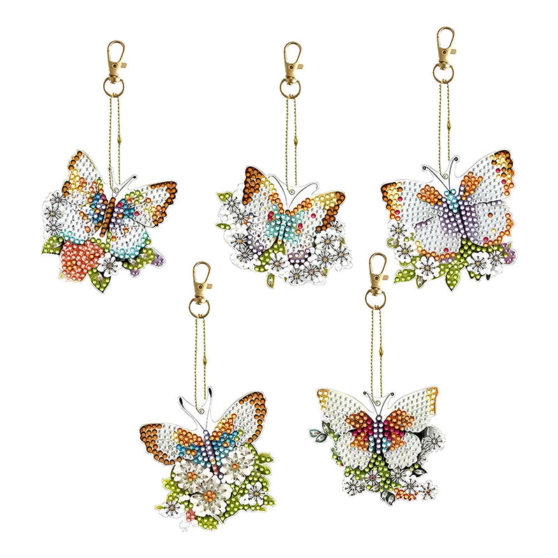 5Pcs de Porte-Clés Acryliques Double Face Papillon à Fleur Broderie Diamant