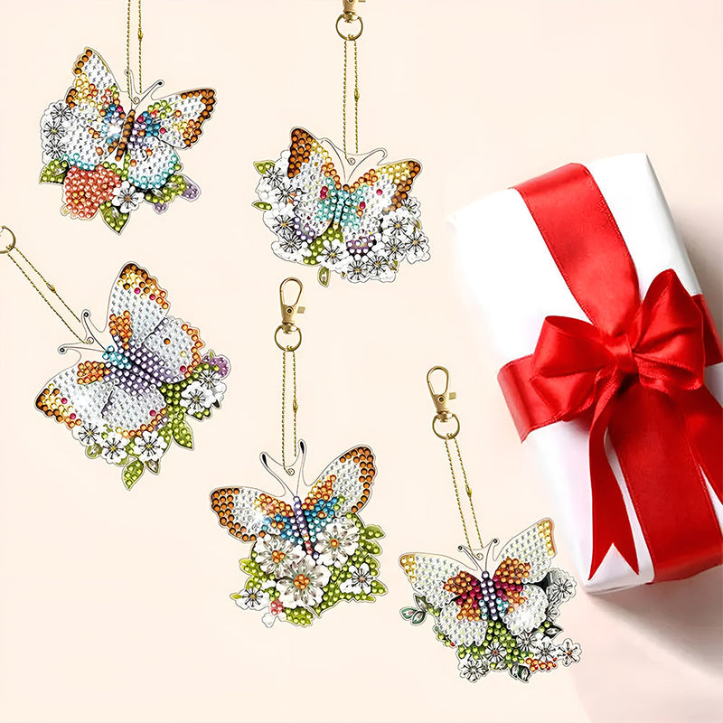 5Pcs de Porte-Clés Acryliques Double Face Papillon à Fleur Broderie Diamant