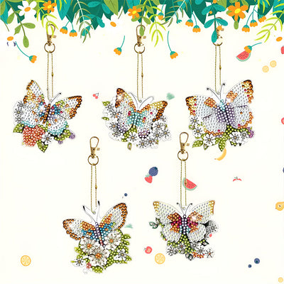 5Pcs de Porte-Clés Acryliques Double Face Papillon à Fleur Broderie Diamant