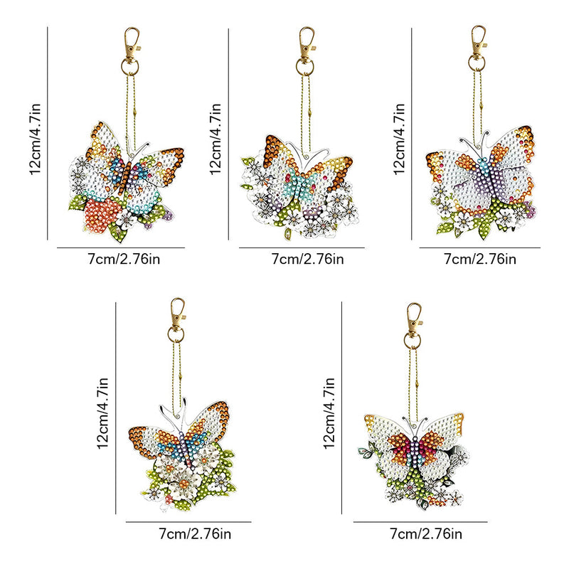 5Pcs de Porte-Clés Acryliques Double Face Papillon à Fleur Broderie Diamant