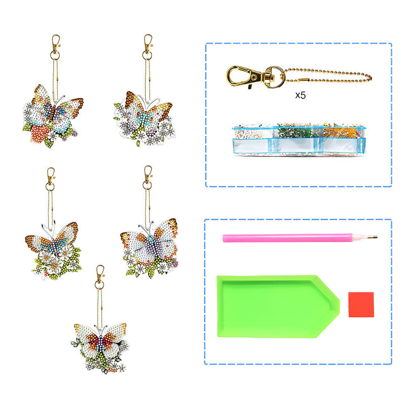 5Pcs de Porte-Clés Acryliques Double Face Papillon à Fleur Broderie Diamant