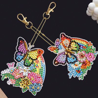 5Pcs de Porte-Clés Acryliques Double Face Papillon à Fleur d'Arc-en-Ciel Broderie Diamant