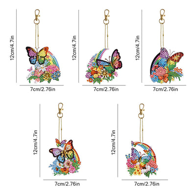 5Pcs de Porte-Clés Acryliques Double Face Papillon à Fleur d'Arc-en-Ciel Broderie Diamant