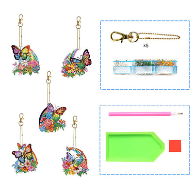 5Pcs de Porte-Clés Acryliques Double Face Papillon à Fleur d'Arc-en-Ciel Broderie Diamant