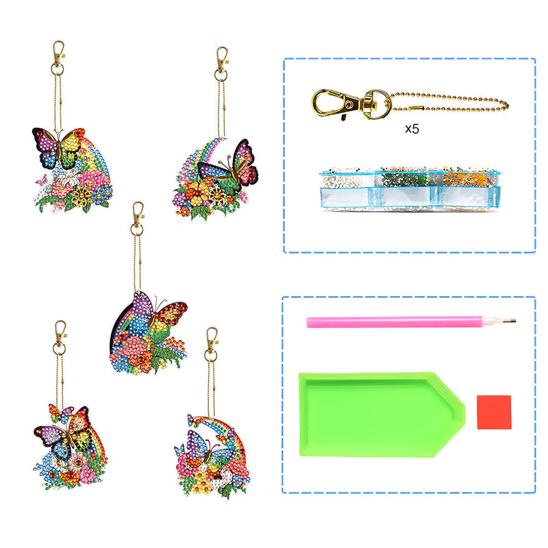 5Pcs de Porte-Clés Acryliques Double Face Papillon à Fleur d&