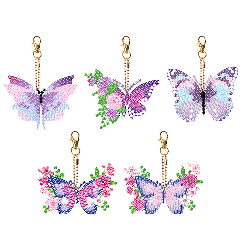 5Pcs de Porte-Clés Acryliques Double Face Papillon à Fleur Violet Rose Broderie Diamant