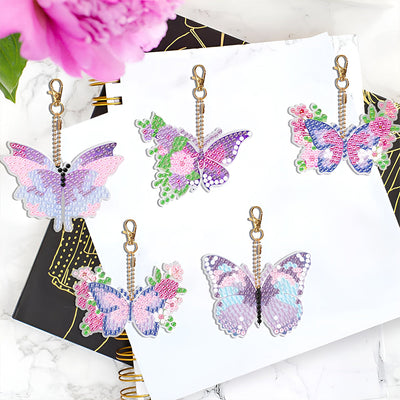 5Pcs de Porte-Clés Acryliques Double Face Papillon à Fleur Violet Rose Broderie Diamant