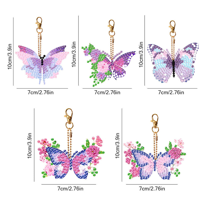 5Pcs de Porte-Clés Acryliques Double Face Papillon à Fleur Violet Rose Broderie Diamant