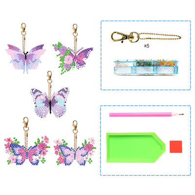 5Pcs de Porte-Clés Acryliques Double Face Papillon à Fleur Violet Rose Broderie Diamant