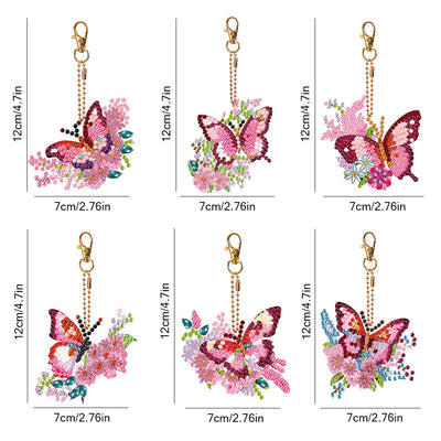 6Pcs de Porte-Clés Acryliques Double Face Papillon à Fleur Rose et Rouge Broderie Diamant