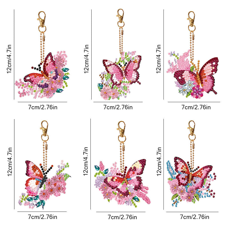 6Pcs de Porte-Clés Acryliques Double Face Papillon à Fleur Rose et Rouge Broderie Diamant