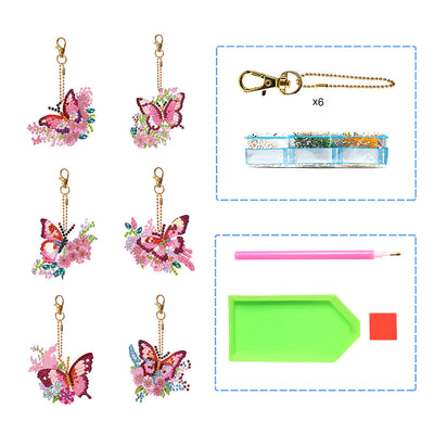 6Pcs de Porte-Clés Acryliques Double Face Papillon à Fleur Rose et Rouge Broderie Diamant