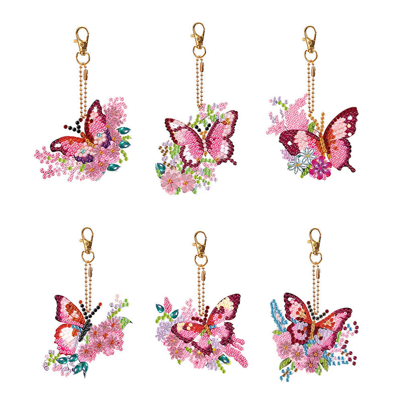 6Pcs de Porte-Clés Acryliques Double Face Papillon à Fleur Rose et Rouge Broderie Diamant