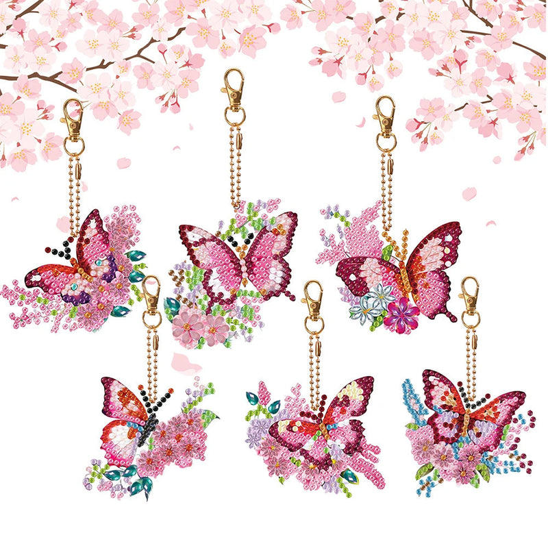 6Pcs de Porte-Clés Acryliques Double Face Papillon à Fleur Rose et Rouge Broderie Diamant