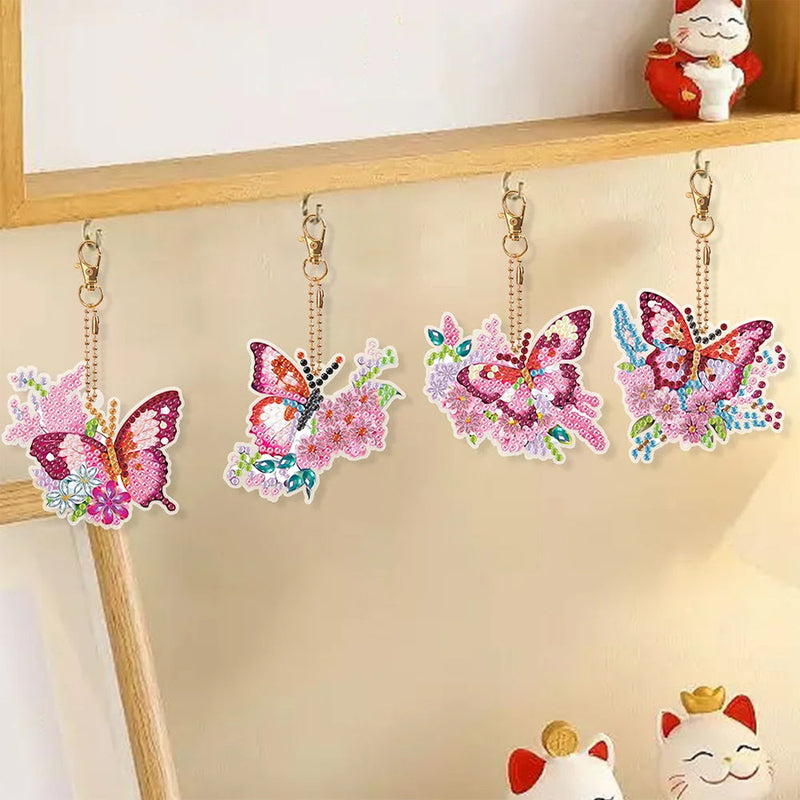 6Pcs de Porte-Clés Acryliques Double Face Papillon à Fleur Rose et Rouge Broderie Diamant