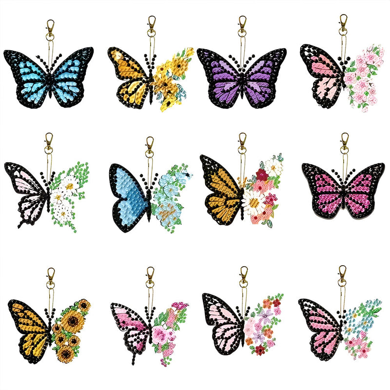 12Pcs de Porte-Clés Acryliques Double Face Papillon à Fleur Broderie Diamant