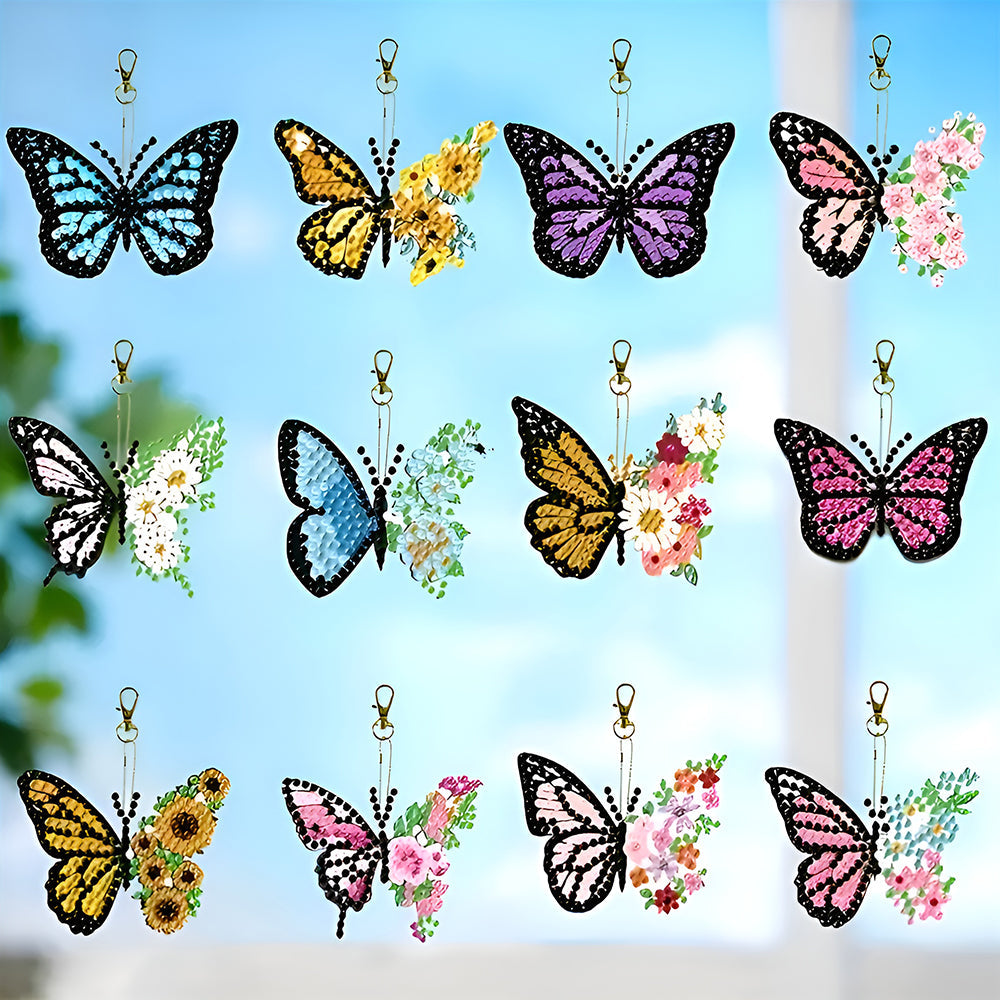 12Pcs de Porte-Clés Acryliques Double Face Papillon à Fleur Broderie Diamant