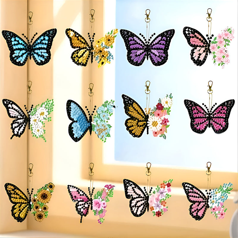 12Pcs de Porte-Clés Acryliques Double Face Papillon à Fleur Broderie Diamant