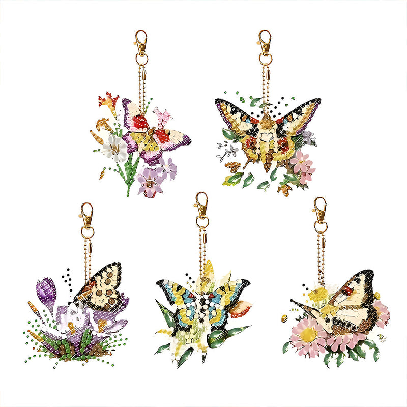 5Pcs de Porte-Clés Acryliques Double Face Papillon à Fleur Volant Broderie Diamant