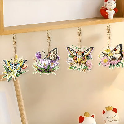 5Pcs de Porte-Clés Acryliques Double Face Papillon à Fleur Volant Broderie Diamant