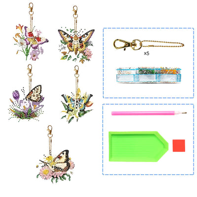 5Pcs de Porte-Clés Acryliques Double Face Papillon à Fleur Volant Broderie Diamant