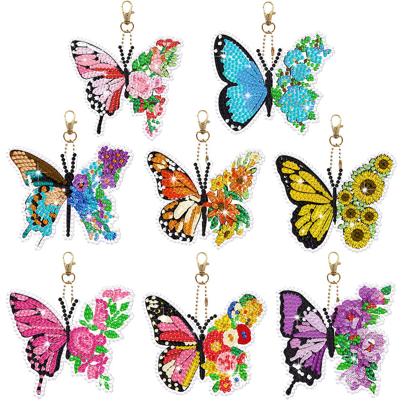 8Pcs de Porte-Clés Acryliques Double Face Papillon à Fleur Coloré Broderie Diamant