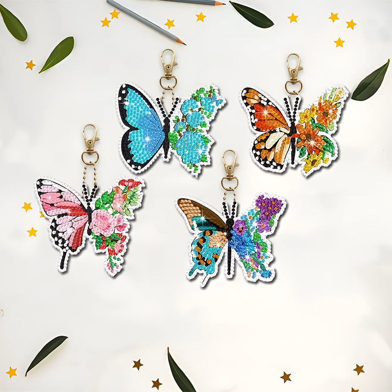 8Pcs de Porte-Clés Acryliques Double Face Papillon à Fleur Coloré Broderie Diamant