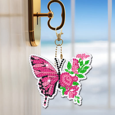 8Pcs de Porte-Clés Acryliques Double Face Papillon à Fleur Coloré Broderie Diamant