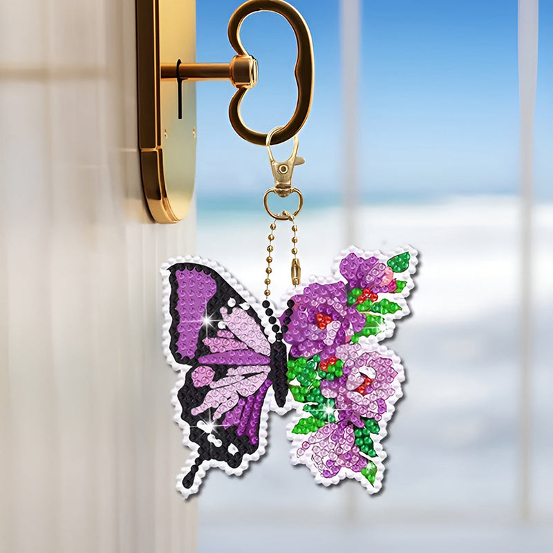 8Pcs de Porte-Clés Acryliques Double Face Papillon à Fleur Coloré Broderie Diamant