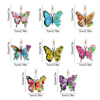 8Pcs de Porte-Clés Acryliques Double Face Papillon à Fleur Coloré Broderie Diamant