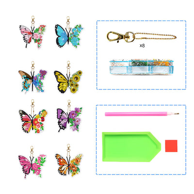 8Pcs de Porte-Clés Acryliques Double Face Papillon à Fleur Coloré Broderie Diamant