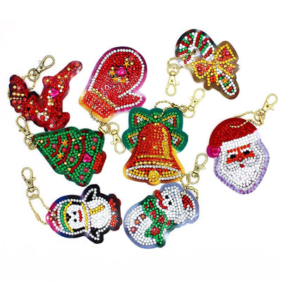 8Pcs de Porte-Clés Acryliques Une Face Ornements de Noël Broderie Diamant