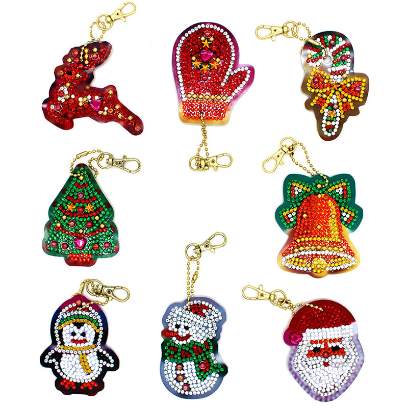 8Pcs de Porte-Clés Acryliques Une Face Ornements de Noël Broderie Diamant